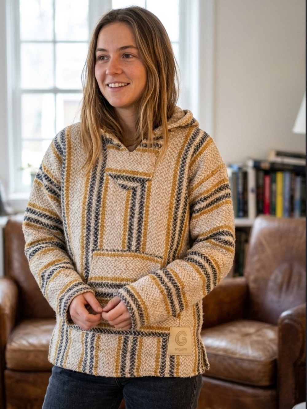 Cozy Striped Hooded Pullover Sweater in Cream and Mustard